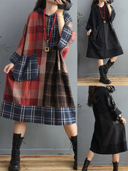 Plus Size Retro Plaid Big Pocket Hooded Dress