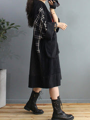 Plus Size Retro Plaid Big Pocket Hooded Dress