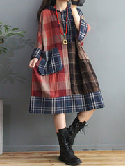 Plus Size Retro Plaid Big Pocket Hooded Dress