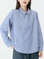 Plus Size Cotton Linen Stripes Long Sleeve Shirt