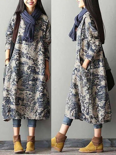 Women's Plus Size Floral Cotton Vintage Casual Loose Printing Maxi Dress