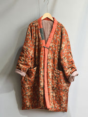 Plus Size - Retro Loose Warm Floral Pocket Coat