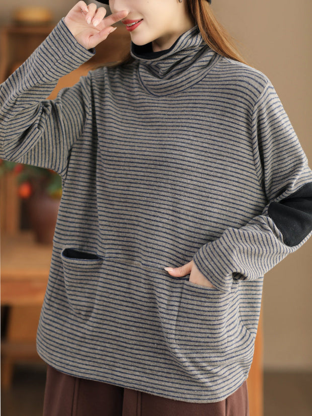 Plus Size Women Casual Stripe Turtleneck Sweatshirt