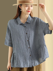 Plus Size Women Summer Casual Plaid Button Cardigan Linen Shirt