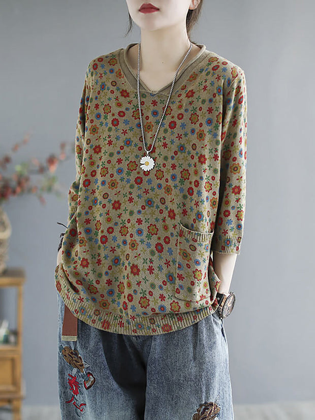 Plus Size - Floral Spring Knitted Casual Print Pocket Sweater