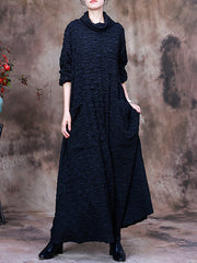 Plus Size Pocket Pleated Long Sleeve Women Maxi Dress