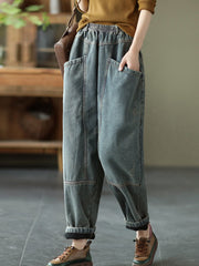 Plus Size Women Retro Spliced Denim Fleece-lined Pants