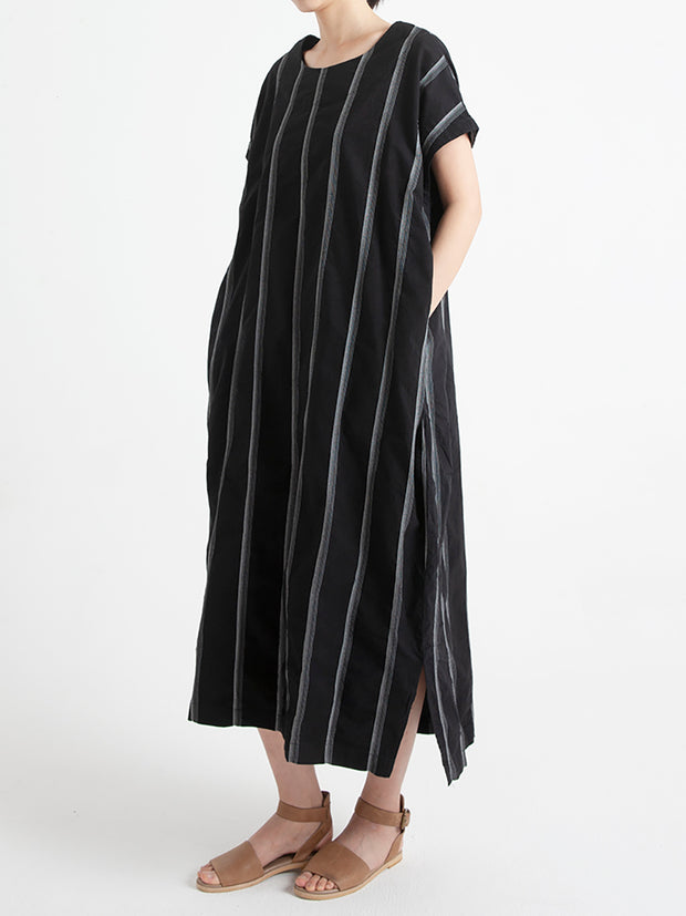 Stripe Cotton O Neck Summer Casual Loose Dress