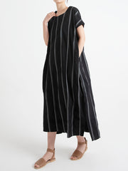 Stripe Cotton O Neck Summer Casual Loose Dress