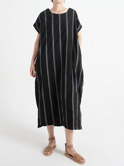 Stripe Cotton O Neck Summer Casual Loose Dress