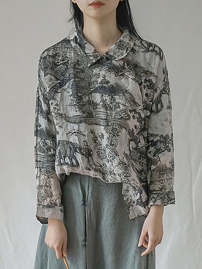 Vintage Florales Ramie Herbst Damen Lockeres Shirt